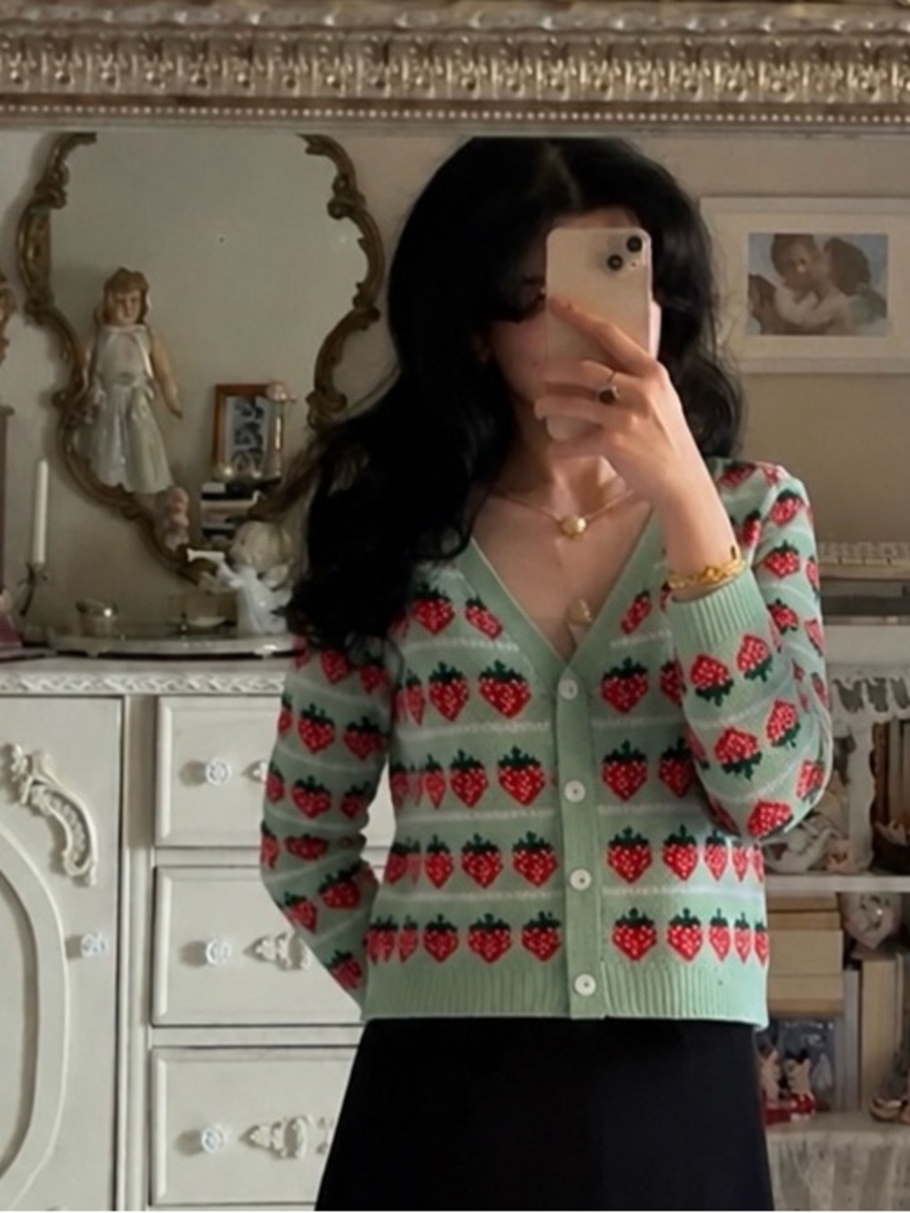 SHEIN Mint Green Strawberry Print V-Neck Cardigan
